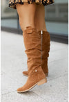 Vintage suede knee-high boots with low square heel and side zipper, perfect for autumn and winter fashion.