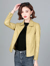 Chic women's sheepskin leather jacket with zippered front, turn-down collar, and pockets for stylish autumn layering.
