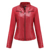 Chic women's slim leather biker jacket with zip detail, stand-up collar, and tailored fit for stylish urban looks.