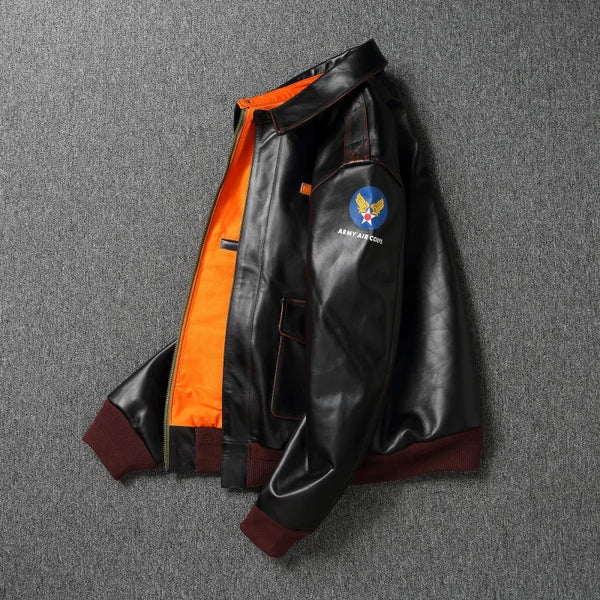 Side view of the Vintage A2 leather flight jacket emphasizing its standard fit.