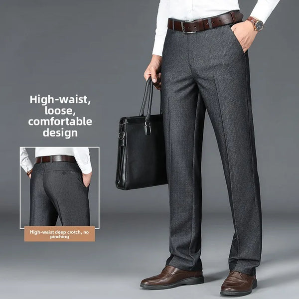 Men's high-waisted straight leg trousers with anti-wrinkle polyester fabric