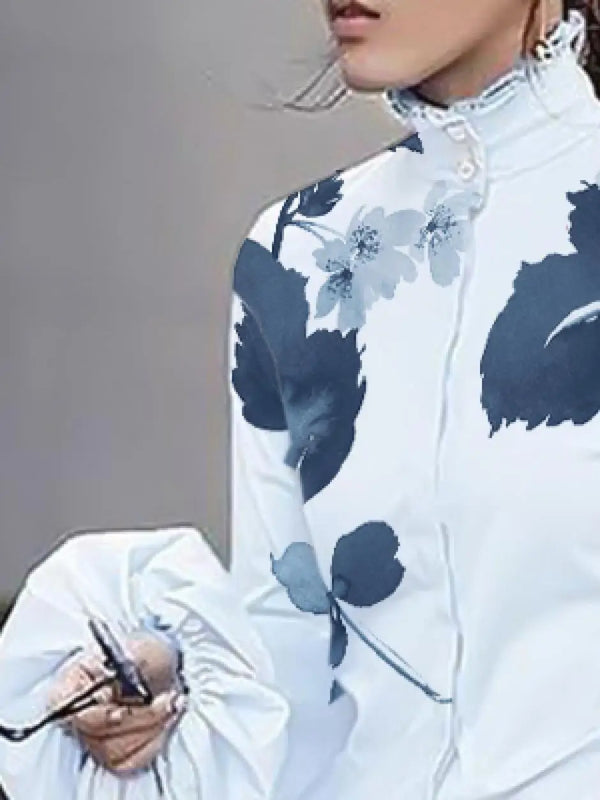 Elegant floral puff sleeve blouse for women, high-neck, loose fit, perfect for office and casual wear, vintage style.