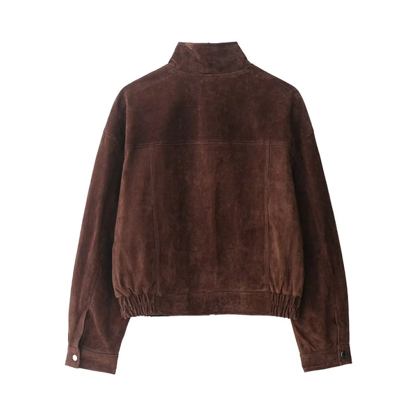 Rich brown outerwear jacket with zipper closure and spacious front pockets