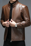 Classic goatskin leather jacket for men, lightweight, stylish, with stand collar and zipper, perfect for spring and autumn.