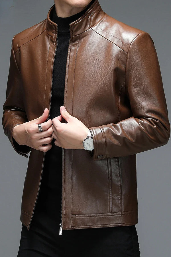 Classic goatskin leather jacket for men, lightweight, stylish, with stand collar and zipper, perfect for spring and autumn.