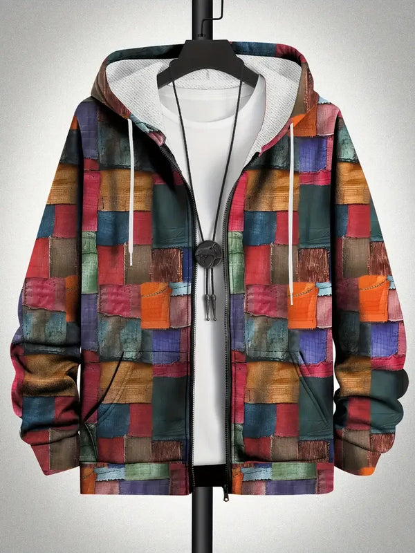 Casual men's hoodie with bold retro plaid patchwork design and functional hood