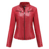 Chic women's slim leather biker jacket with zip detail, stand-up collar, and tailored fit for a stylish urban look.