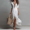 Effortless button-front dress featuring romantic high-low hem and breathable stretch fabric