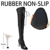 Sultry black stiletto boots with over-the-knee height and open toe feature