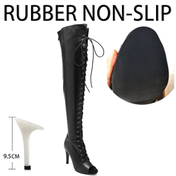 Sultry black stiletto boots with over-the-knee height and open toe feature
