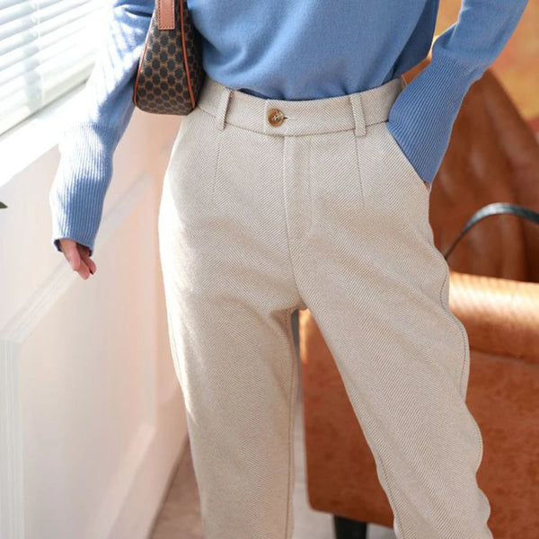Stretch suit pants with high-waist design and classic button fly for boardroom to evening wear transitions