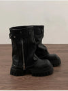 Chic women's mid-calf biker boots with buckle detail, zipper closure, and plush lining for comfort and style in winter.