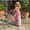 Complete outfit flat lay of lace top and wide-leg pants