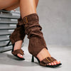 Open-toe stiletto boots featuring dual-texture denim and suede design