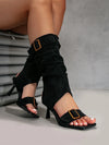 Denim suede combination boots with strategic buckle and high heel