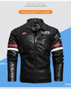 Stylish Men's PU Leather Biker Jacket in red, black, and dark blue with embroidery, perfect for winter and casual outings.