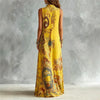 Vintage-inspired sleeveless dress with turn-down collar and retro print pattern for spring and summer