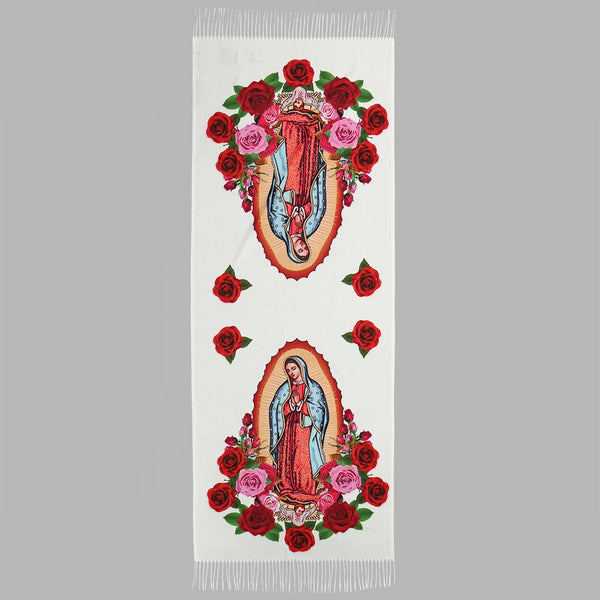 Stylish Guadalupe scarf in soft fabric, perfect for winter warmth and expressing faith.