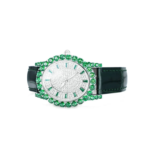Close-up of the Captivate Time Emerald Luxe Watch showcasing its diamond-encrusted bezel.