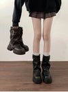 Chic women's mid-calf biker boots with buckle detail, cozy plush lining, and durable rubber sole for stylish comfort.