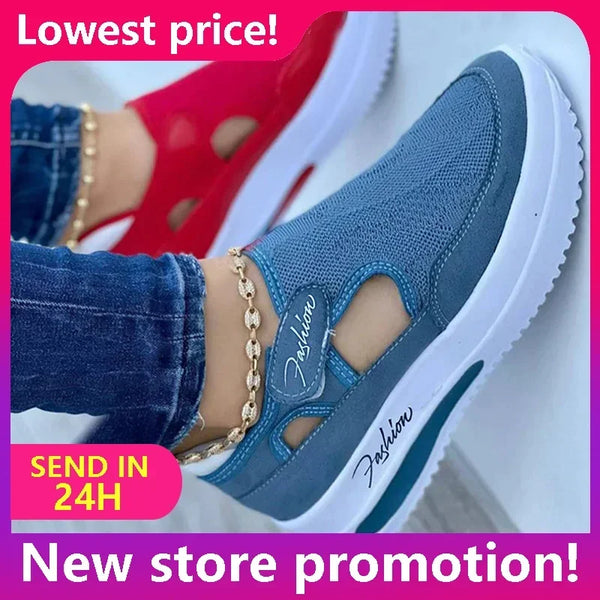 White breathable mesh platform sneakers for women with lace-up closure on white background