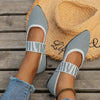 Close-up of breathable knitted fabric and color-block artistry on pointed toe flat shoes
