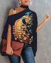 Elegant floral print blouse with batwing sleeves, halter collar, and soft cotton blend for all-season comfort and style.