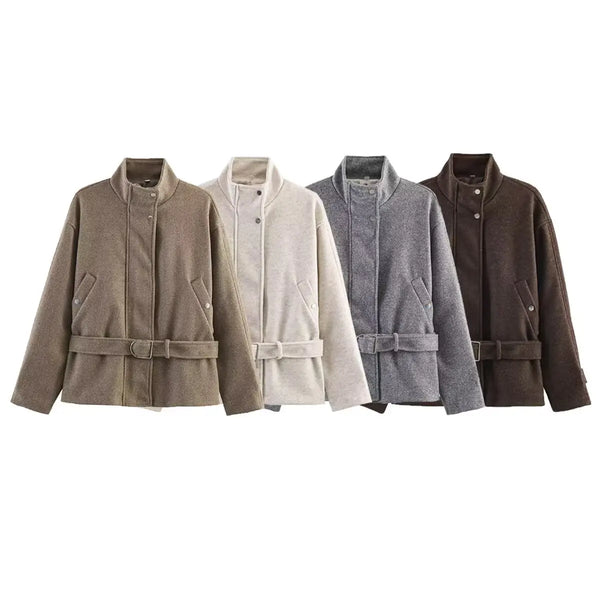 Loose-fit belted jacket in quality polyester with sophisticated turtleneck design