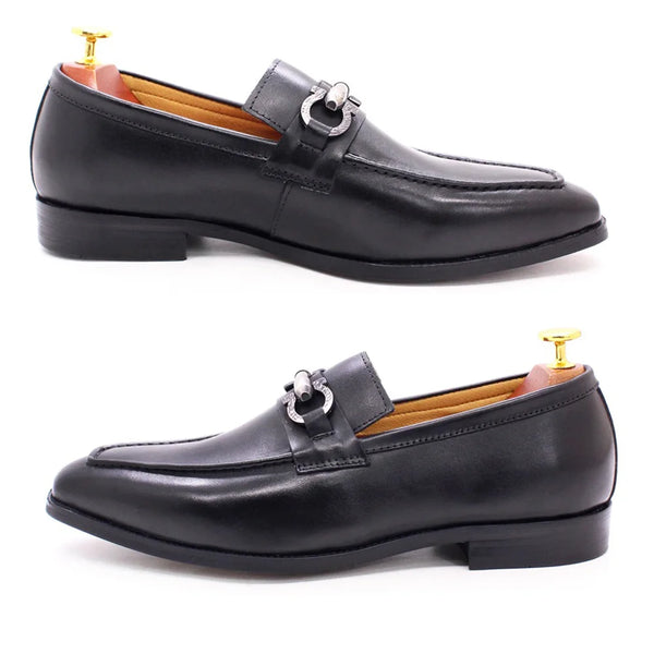 Black leather loafers with durable rubber outsole for men