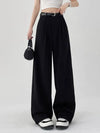Chic high waist wide leg trousers with belt, perfect for office and casual wear, made from breathable polyester blend.