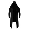 Men's hooded fleece-lined winter trench coat in black, featuring a mandarin collar and open stitch closure for easy layering.