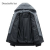 Men's autumn winter PU leather moto jacket with detachable hood, mandarin collar, and zippered accents for stylish comfort.