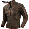 Premium men's leather biker jacket in rich brown with stand collar, crafted from durable first-layer calfskin leather.