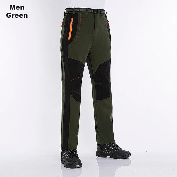 Thermal fleece-lined pants with waterproof exterior for outdoor activities