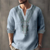 Men's cotton-linen henley shirt featuring unique geometric design
