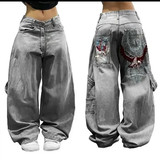 Fashionable wide-leg jeans with artistic embroidery for trendy looks.