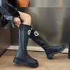 Chic women's knee-high boots with thick sole, stylish PU upper, and rounded toe for winter elegance and comfort.