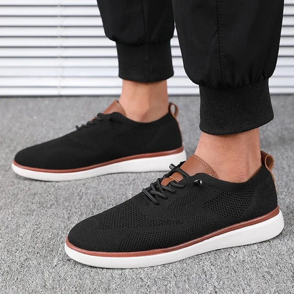 Breathable knitted walking shoes for men showing textured mesh upper and supportive design