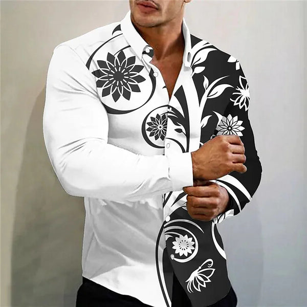 Stylish men's casual silk blend shirt in slim fit with turn-down collar and eye-catching 3D print for modern fashion.
