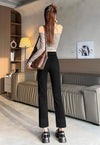 Chic high waist straight leg jeans for women in distressed wash, perfect for casual outings and office wear.