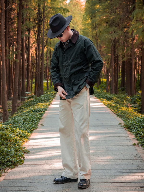 Zipper closure detail on the Classic Wax Canvas Hunting Jacket.
