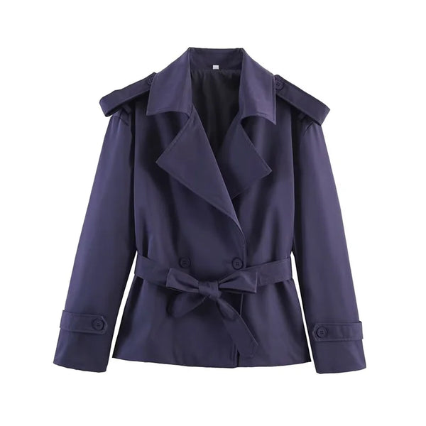 Beige short trench coat with belt and turn-down collar detail