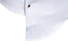 Vintage-style men's casual dress shirt with stand collar, irregular hem, and solid pattern for versatile wear.