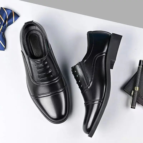 Men's black formal shoes featuring round toe design and secure lace closure
