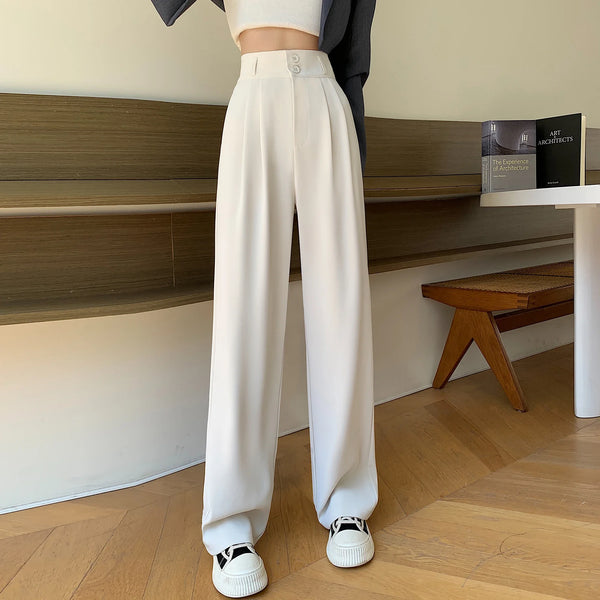 Side view of wide leg trousers showing flattering high-waist design and elegant drape of premium polyester fabric