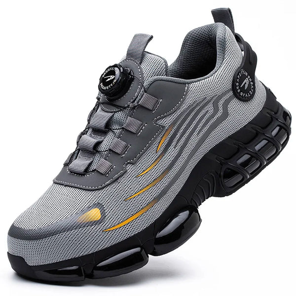 Work boots with steel guard protection and rotating button technology for modern tradespeople