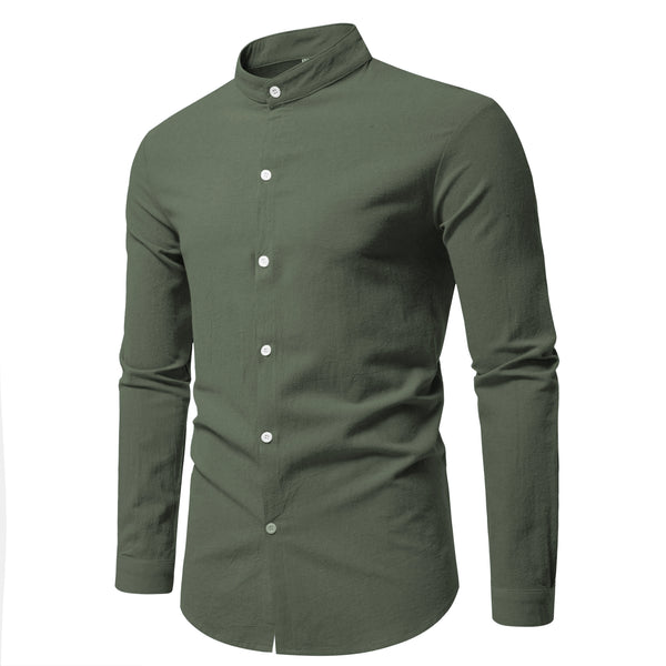 Stand collar men's shirt in pure cotton with versatile solid pattern for casual wear