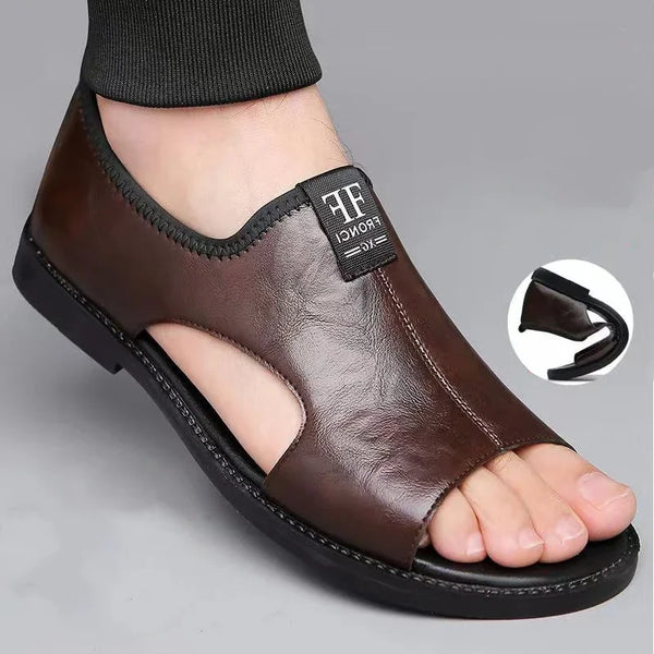 Stride Easy brown leather flat sandals for men on white background