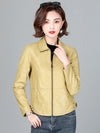 Chic women's sheepskin leather jacket with zippered front, turn-down collar, and pockets for stylish autumn layering.