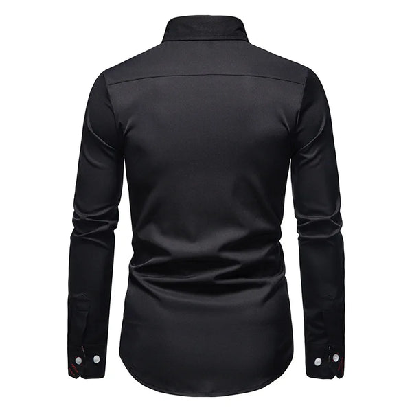 Classic men's white long sleeve polo shirt with stand collar, single-breasted closure, perfect for smart casual occasions.